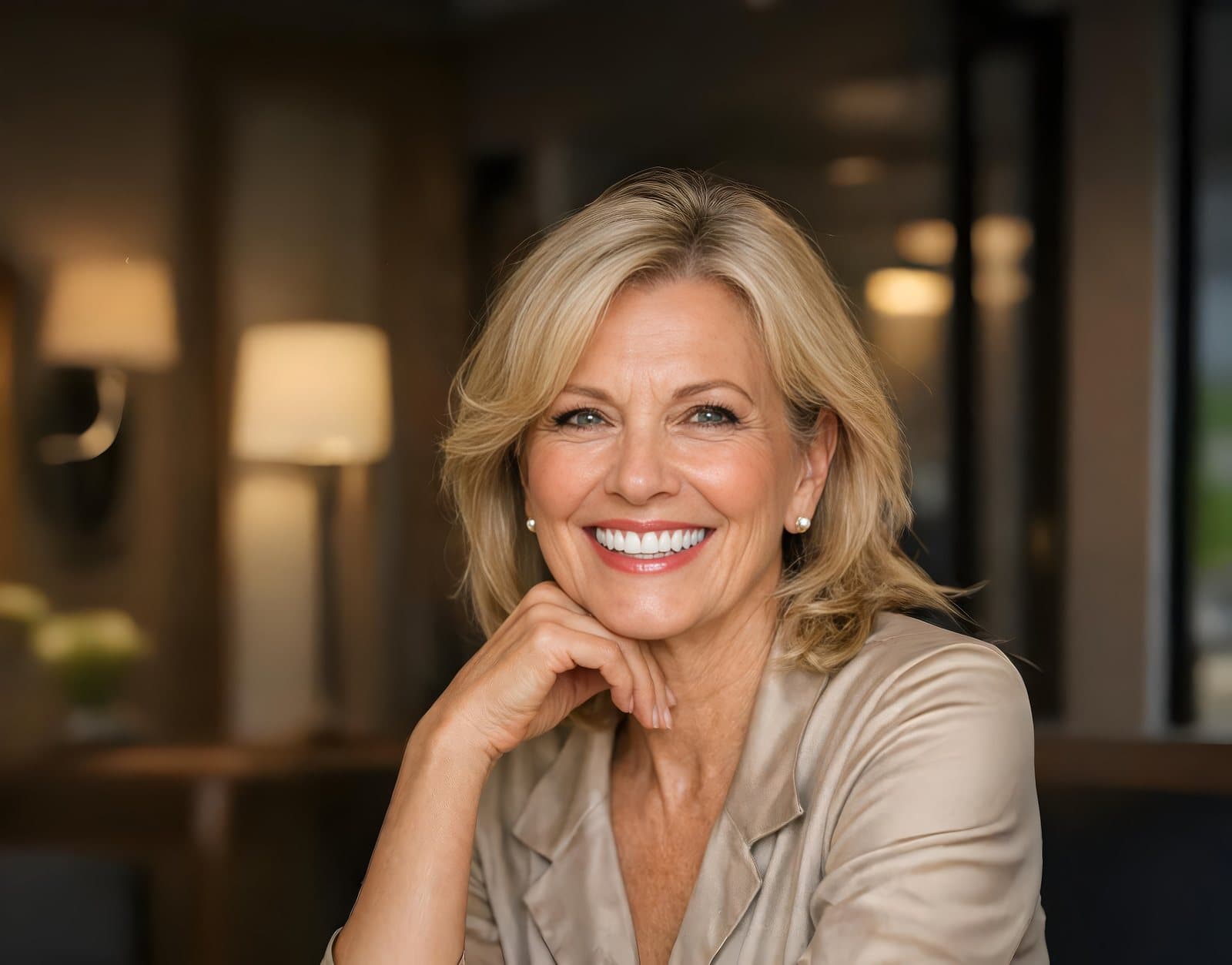 Smiling woman confident in her natural-looking dentures from Brampton Smiles in Brampton